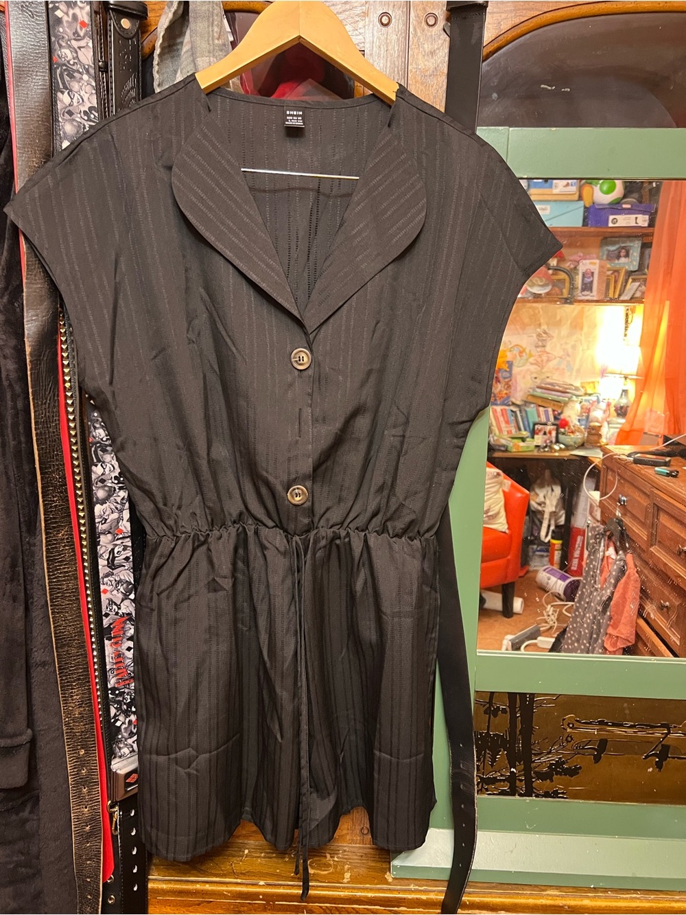 SHEIN Black Pinstripe Drawstring Waist Shirt Romper